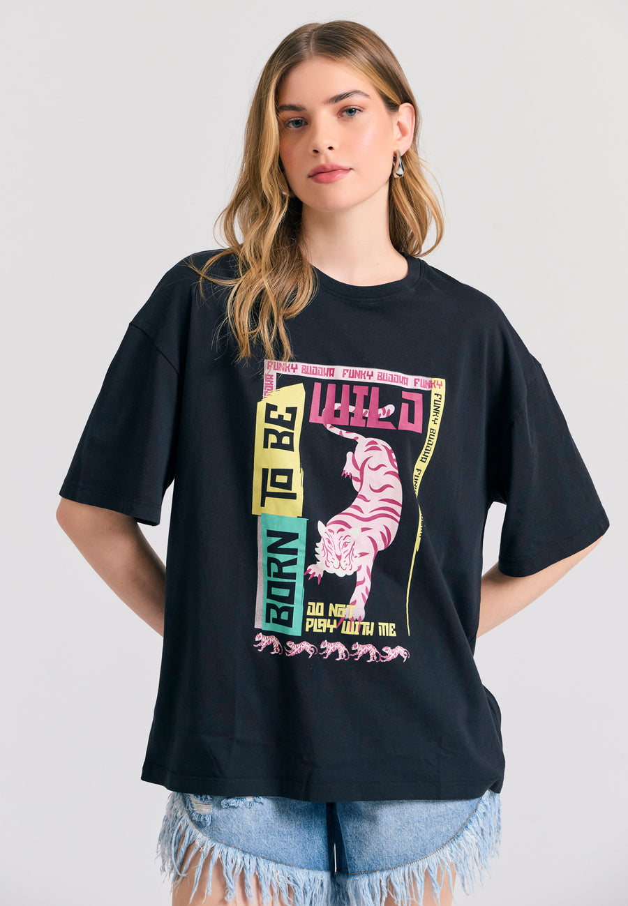 Loose fit long t-shirt with frame print on the chest - Black