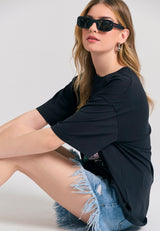 Loose fit long t-shirt with frame print on the chest - Black