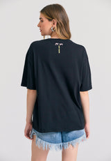 Loose fit long t-shirt with frame print on the chest - Black