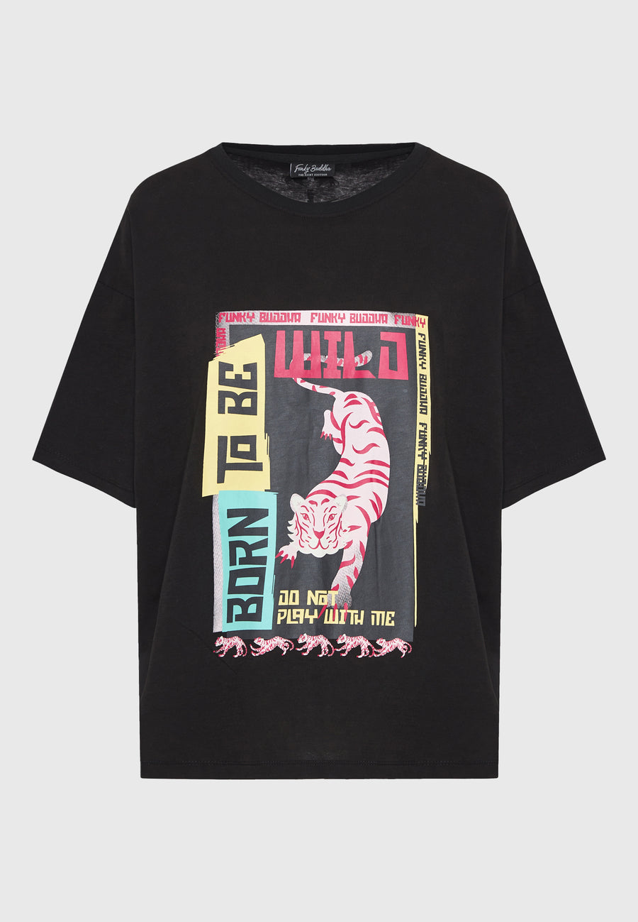 Loose fit long t-shirt with frame print on the chest - Black