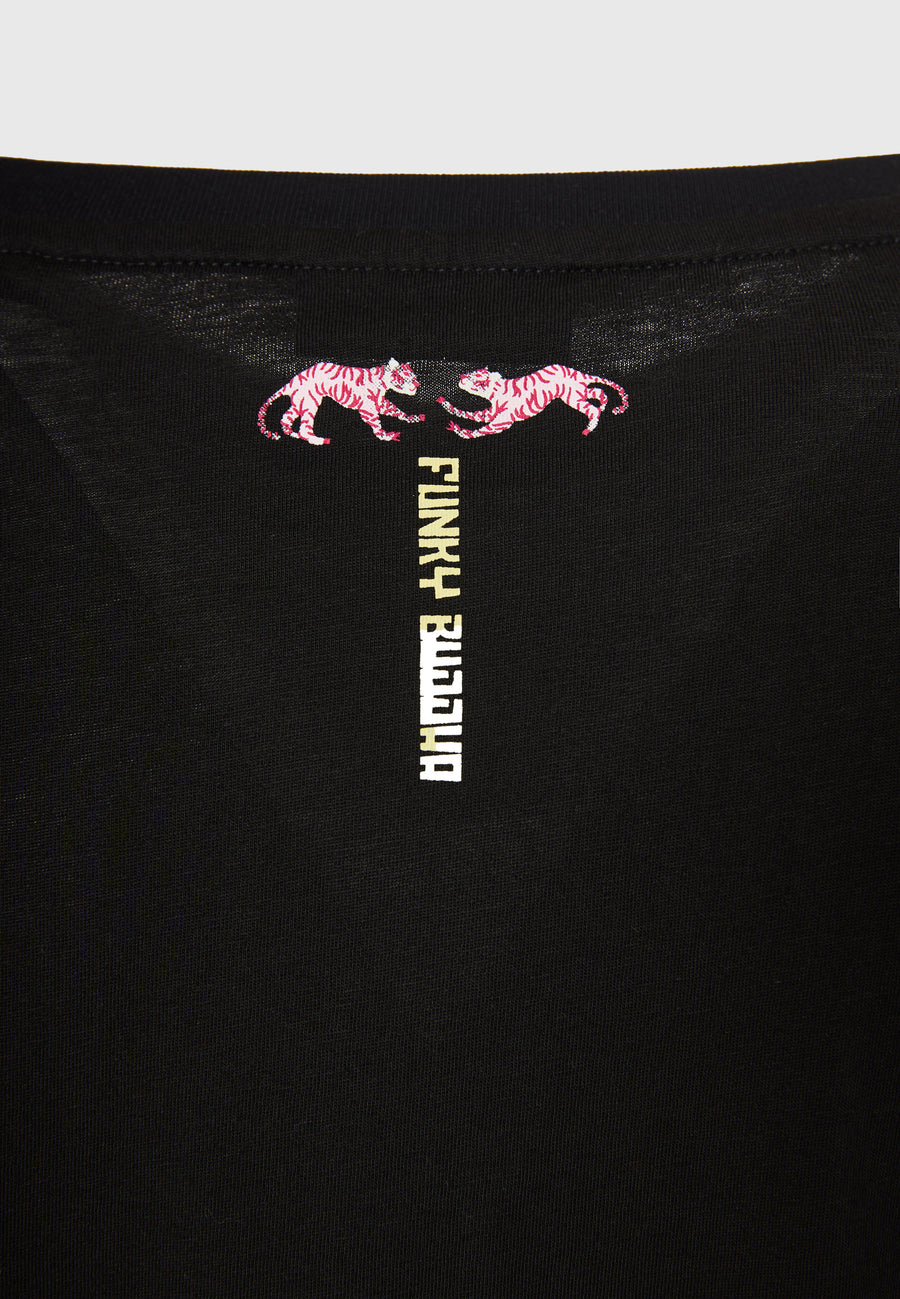 Loose fit long t-shirt with frame print on the chest - Black
