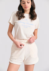 Pantaloni scurți de damă lejeri, model prosop - Alb-gălbui