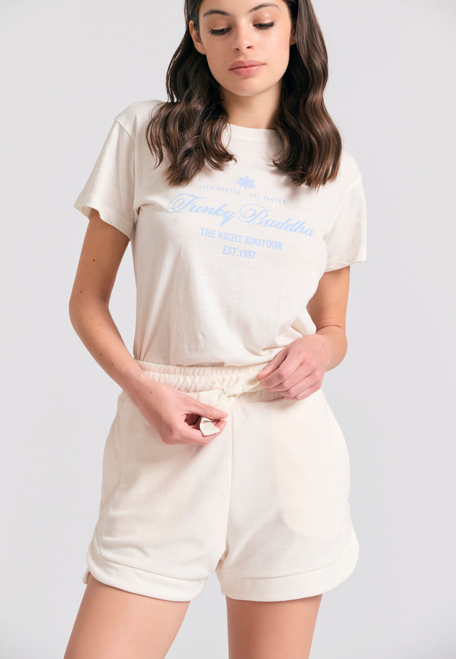 Pantaloni scurți de damă lejeri, model prosop - Alb-gălbui