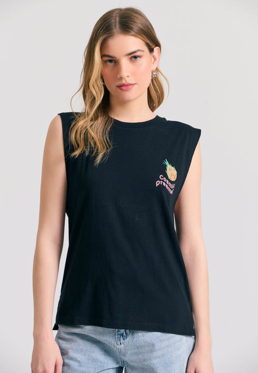 Tricou de damă cu imprimeu grafic cu ramă pe spate - Negru