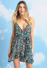 Floral wrapped mini dress with ruffles - Black