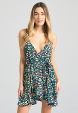 Floral wrapped mini dress with ruffles - Black
