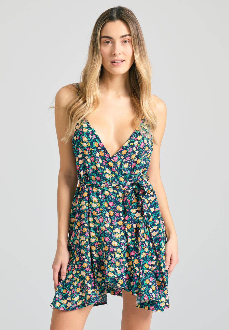 Floral wrapped mini dress with ruffles - Black