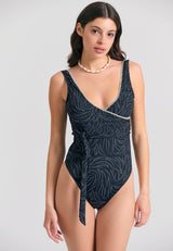 One-piece cropped swimsuit with decorative stitching - Black