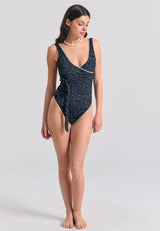 One-piece cropped swimsuit with decorative stitching - Black