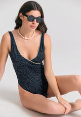 One-piece cropped swimsuit with decorative stitching - Black
