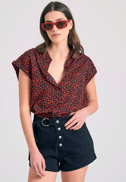 Cămașă de damă din viscoză cu imprimeu floral și croială lejeră - Negru