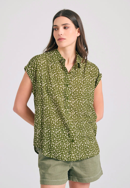 Cămașă de damă din viscoză cu imprimeu floral și croială lejeră - Kaki