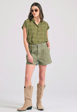 Women's loose fit floral viscose shirt - Khaki