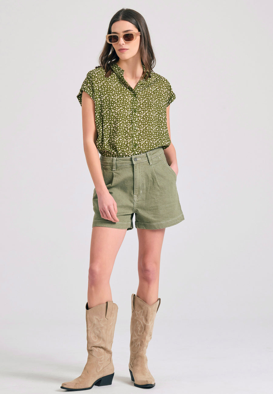Women's loose fit floral viscose shirt - Khaki