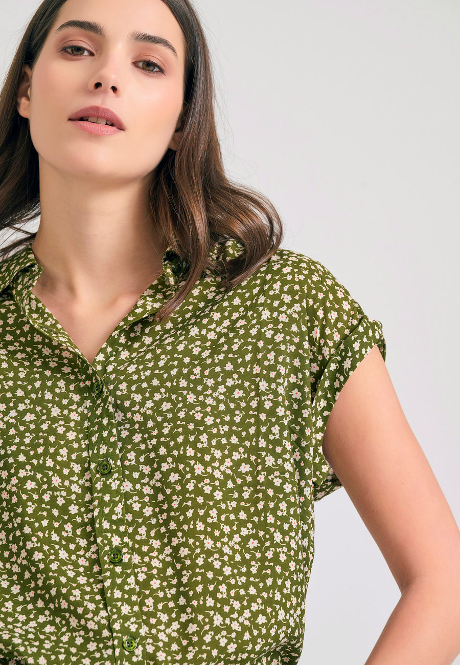 Women's loose fit floral viscose shirt - Khaki