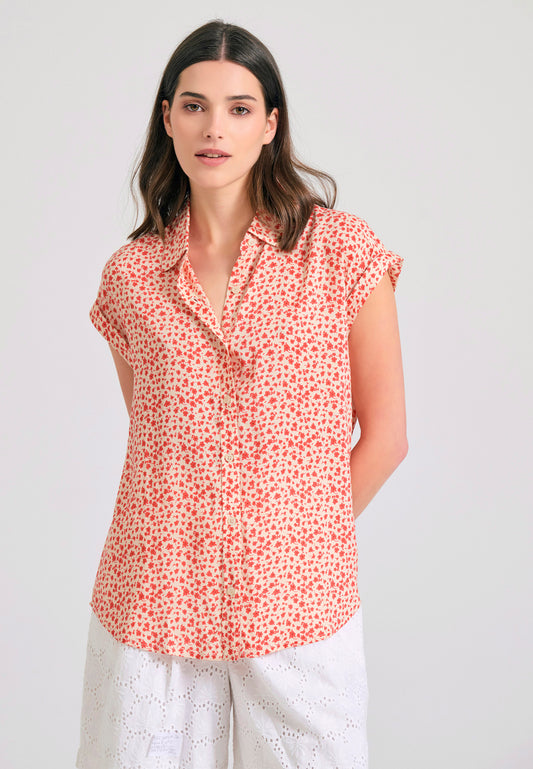 Cămașă de damă din viscoză cu imprimeu floral și croială lejeră - Alb-gălbui