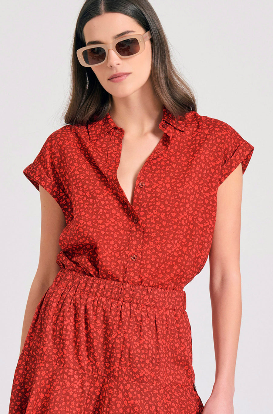 Women's loose fit floral viscose shirt - Spice brown