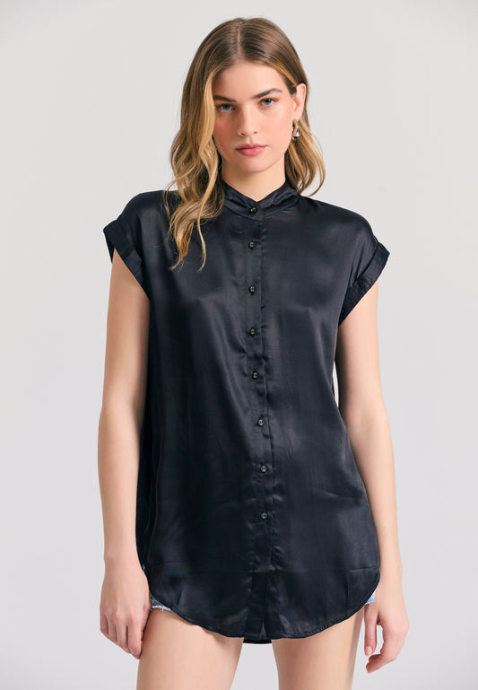 Cămașă din viscoză cu guler mao pentru femei - Negru