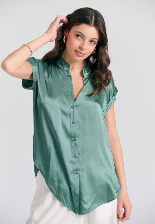 Cămașă din viscoză cu guler mao pentru femei - Verde salvie