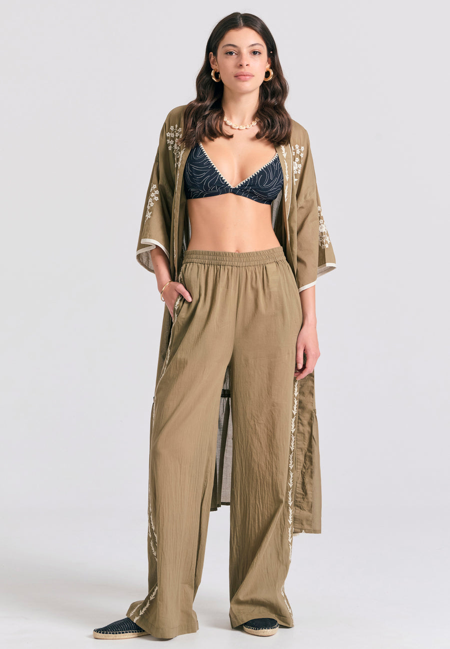 Pantaloni cu croi larg și broderie pe lateral - Oregano