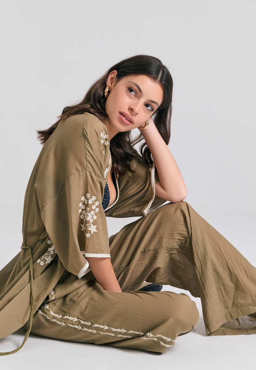 Pantaloni cu croi larg și broderie pe lateral - Oregano