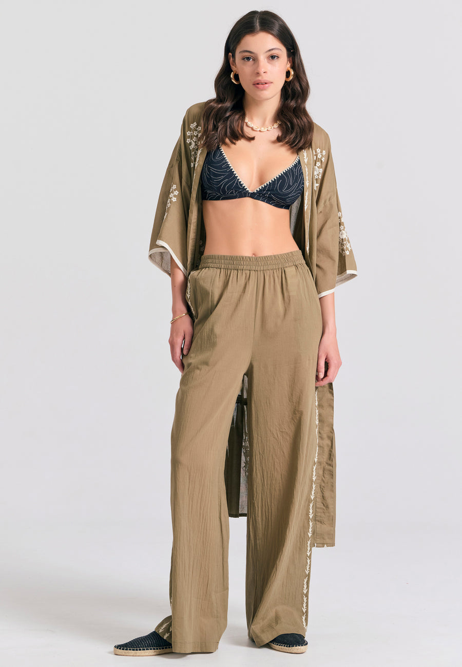 Pantaloni cu croi larg și broderie pe lateral - Oregano
