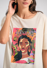 Oversized garment dyed t-shirt with tropical print - Chalk