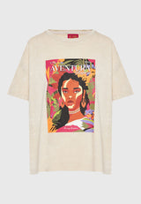 Oversized garment dyed t-shirt with tropical print - Chalk