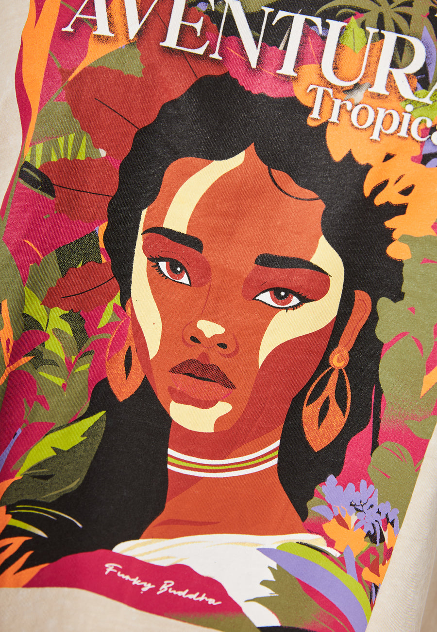 Tricou supradimensionat vopsit în haine cu imprimeu tropical - Chalk