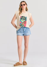 Tricou de damă din bumbac organic cu imprimeu în stil boho - Chalk