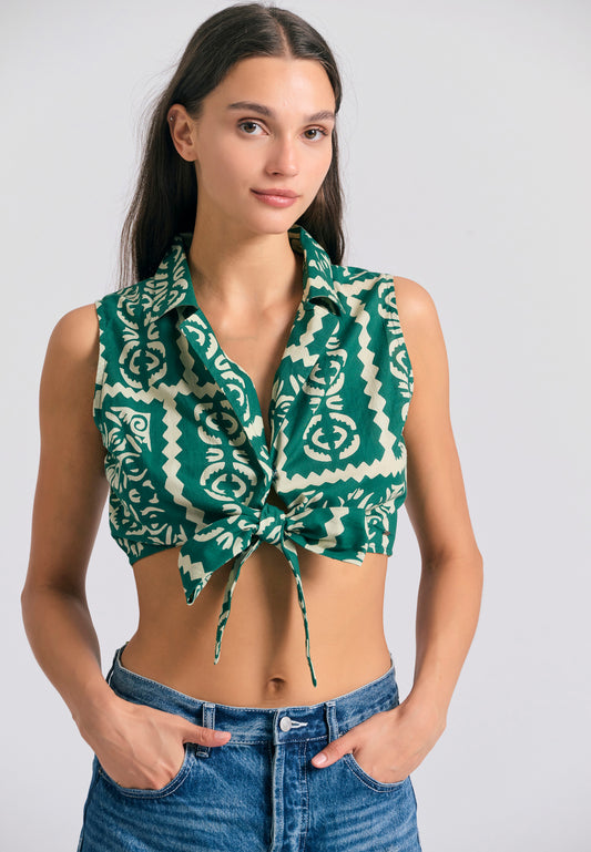 Top scurt cu imprimeu integral în aspect etnic - Multicolor