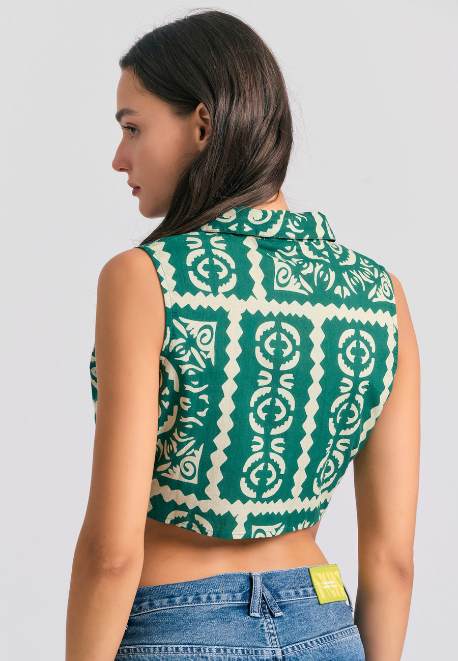 Top scurt cu imprimeu integral în aspect etnic - Multicolor