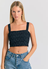 Top scurt cu broderie și model - Negru