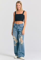 Top scurt cu broderie și model - Negru