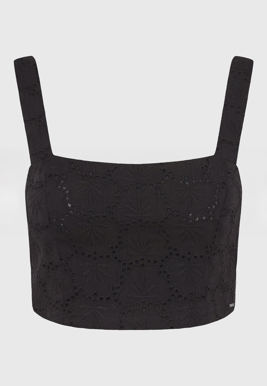 Top scurt cu broderie și model - Negru