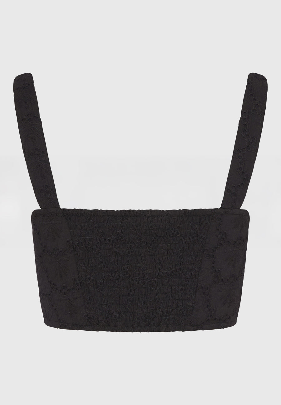 Top scurt cu broderie și model - Negru