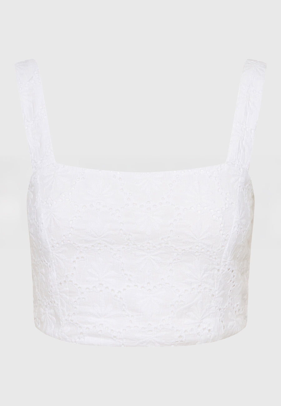 Top scurt cu broderie și model - Alb