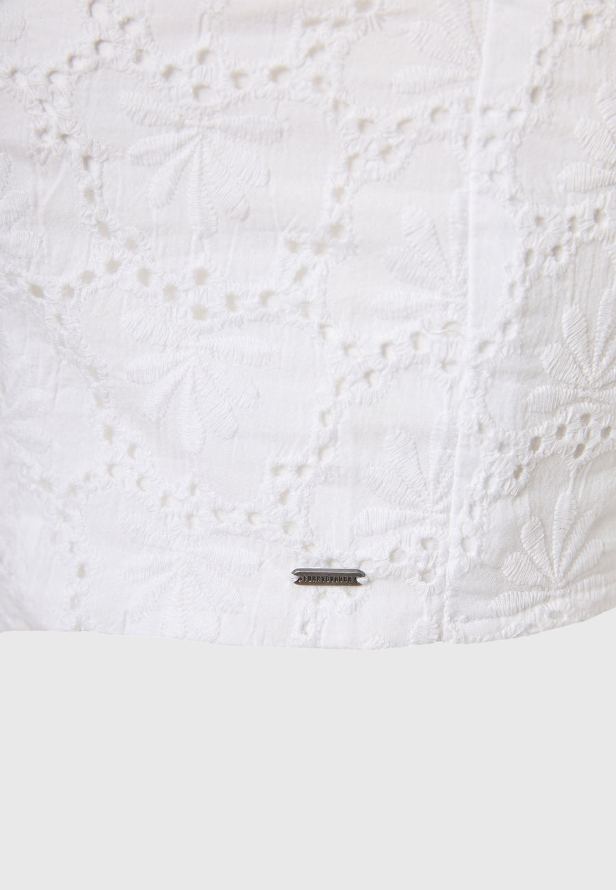 Top scurt cu broderie și model - Alb