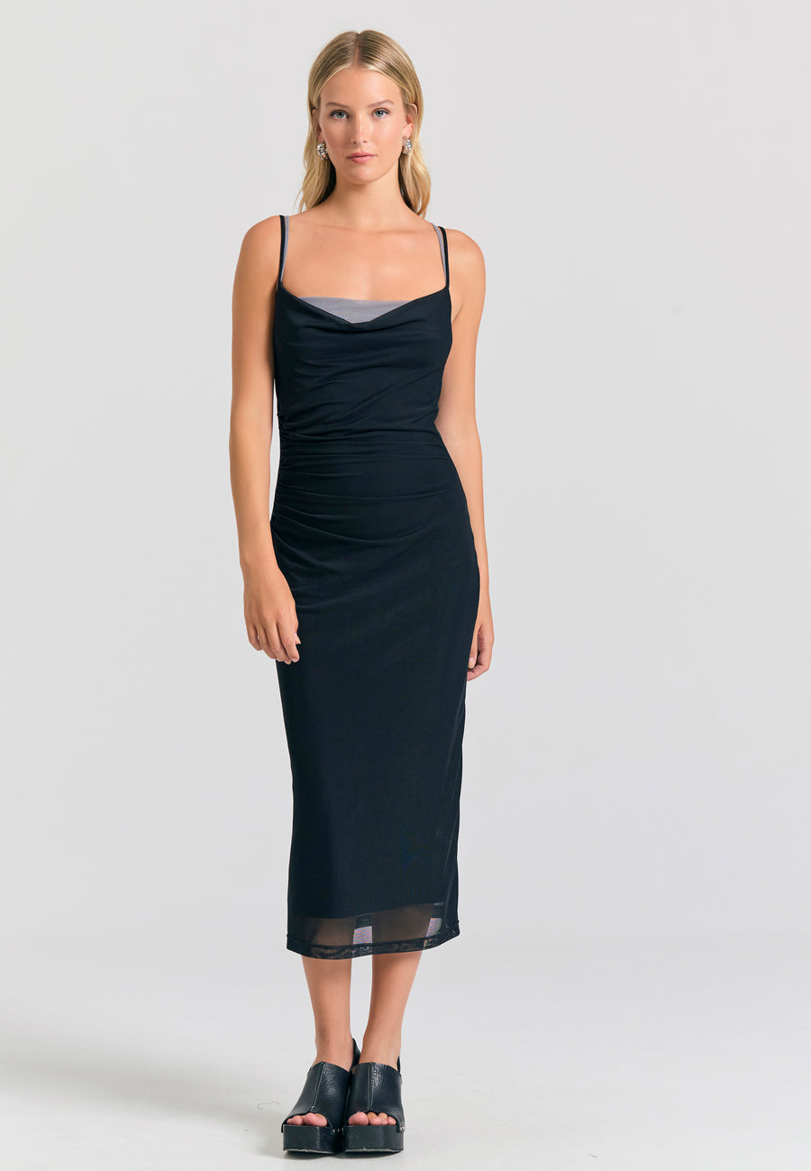 Rochie midi drapată cu tul - Negru
