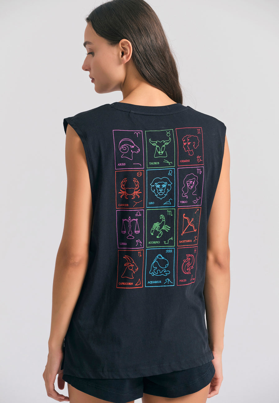 Tricou de damă cu imprimeu zodiacal pe spate - Negru
