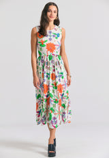 Rochie midi cu imprimeu exotic și volane - Multicoloră
