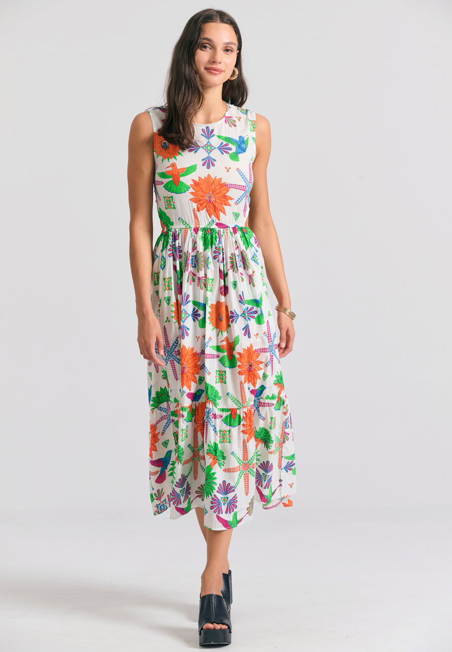 Rochie midi cu imprimeu exotic și volane - Multicoloră