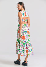 Rochie midi cu imprimeu exotic și volane - Multicoloră