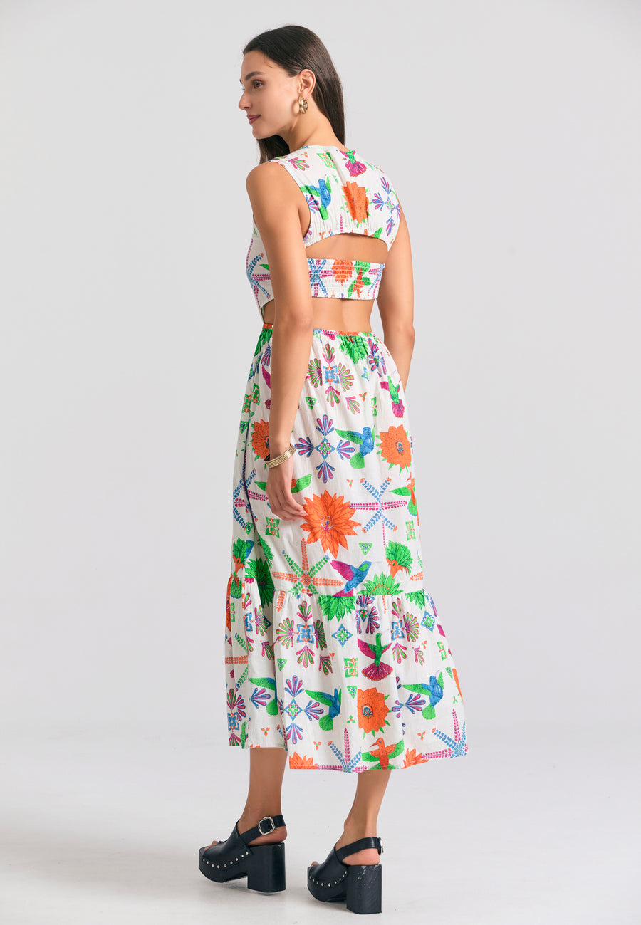 Rochie midi cu imprimeu exotic și volane - Multicoloră