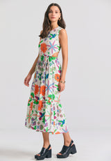 Rochie midi cu imprimeu exotic și volane - Multicoloră