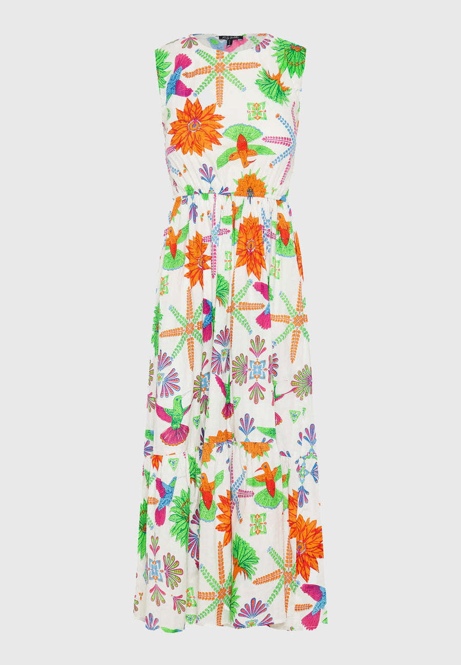 Rochie midi cu imprimeu exotic și volane - Multicoloră