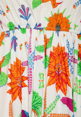 Rochie midi cu imprimeu exotic și volane - Multicoloră