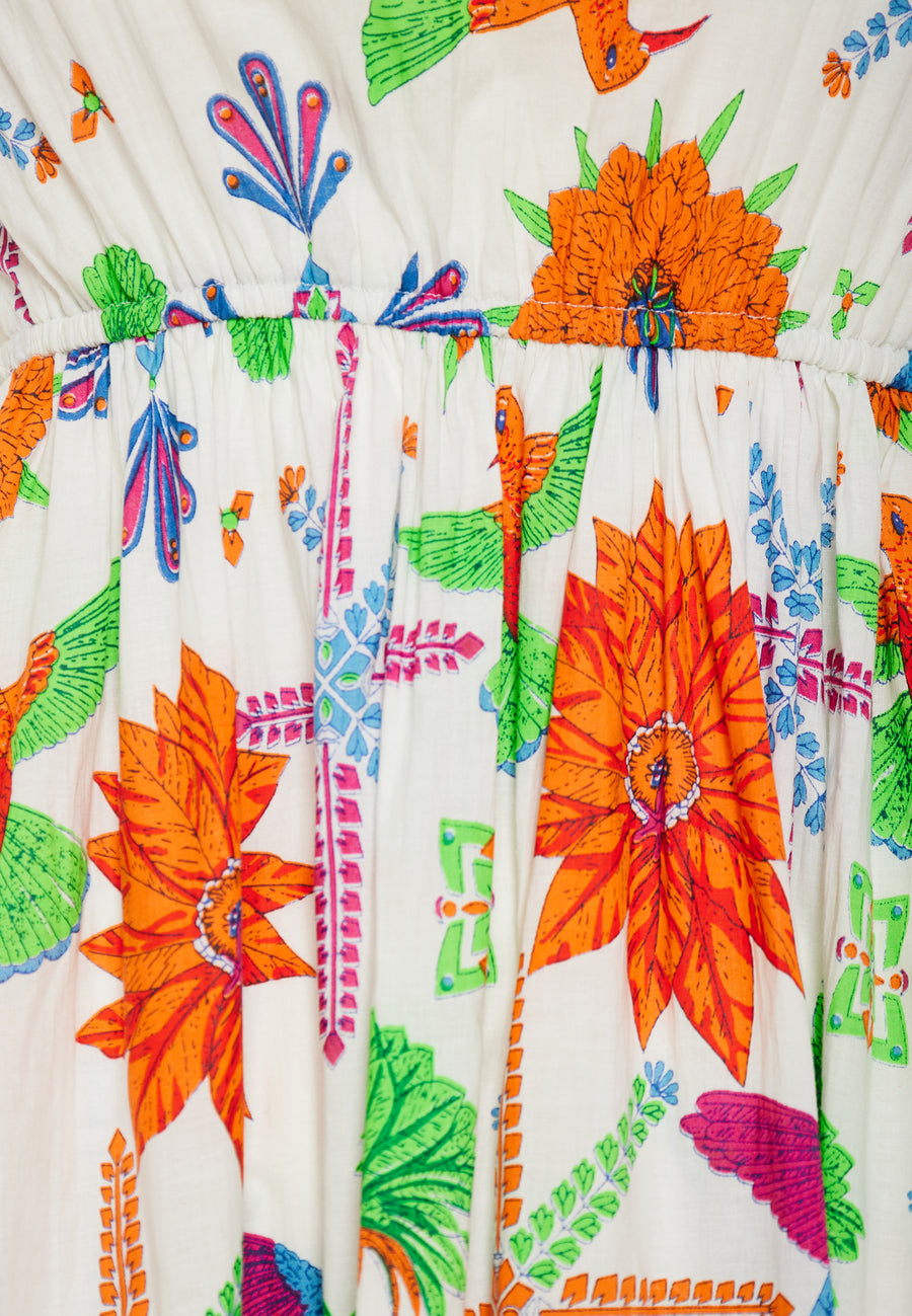 Rochie midi cu imprimeu exotic și volane - Multicoloră