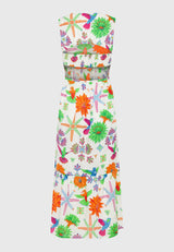 Rochie midi cu imprimeu exotic și volane - Multicoloră