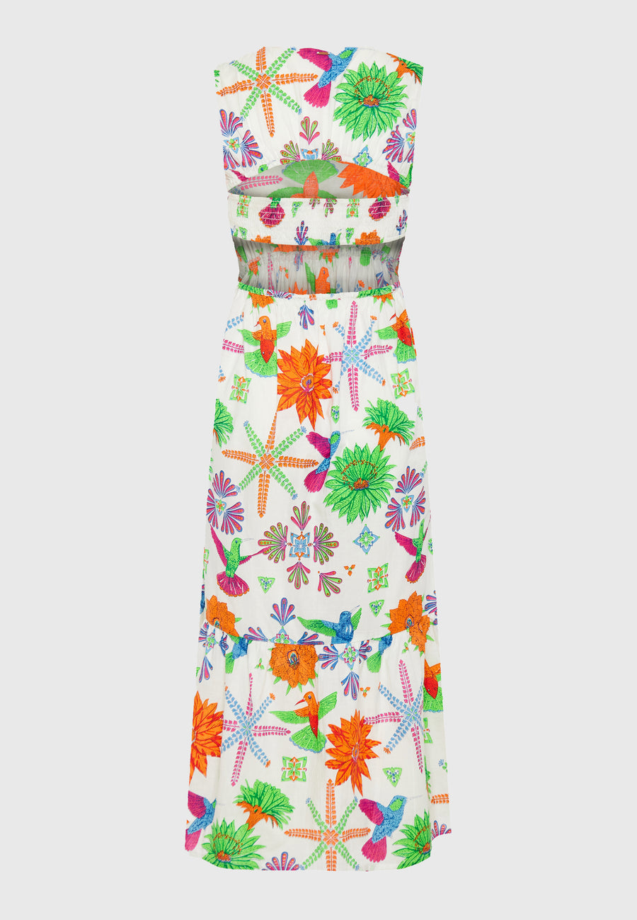 Rochie midi cu imprimeu exotic și volane - Multicoloră